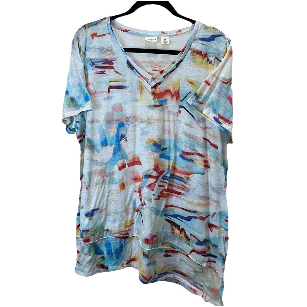 Westbound Woman Watercolor Short Sleeve Layered Multicolor Top Blouse Size 2X